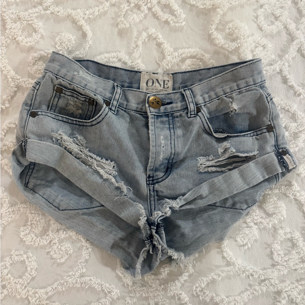 One Teaspoon “Bandits” Light Blue Distressed Jean Shorts